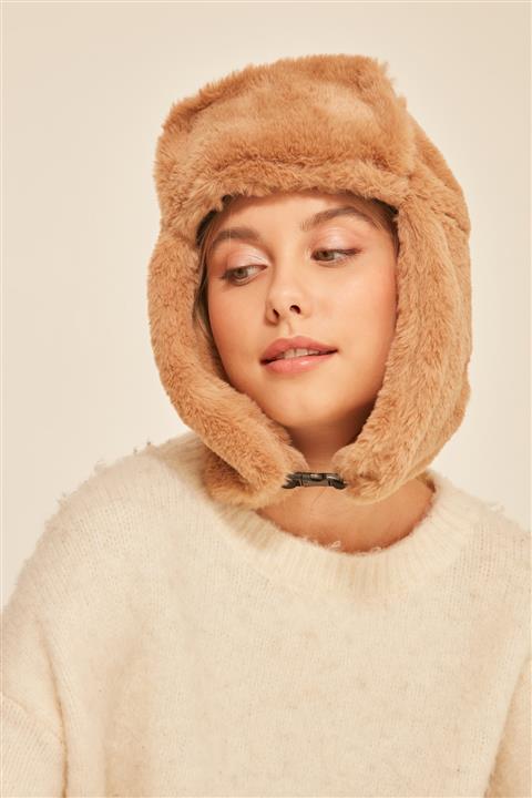 FELLMENS Camel Suni Kürklü Kulaklıklı Kadın Şapka