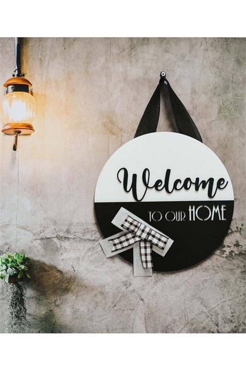 FOTObaskisepeti Welcome Yazılı Siyah-beyaz Parçalı Kapı Süsü