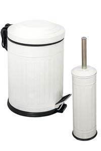EMIR Vintage 2 Li Çöp Kovası Çöp Kutusu Banyo Seti Çizgili Model Beyaz 5 Litre Ve Wc Fırçası Seti