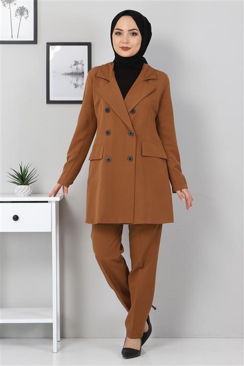 Modamihram Düğme Detaylı Kombin Taba