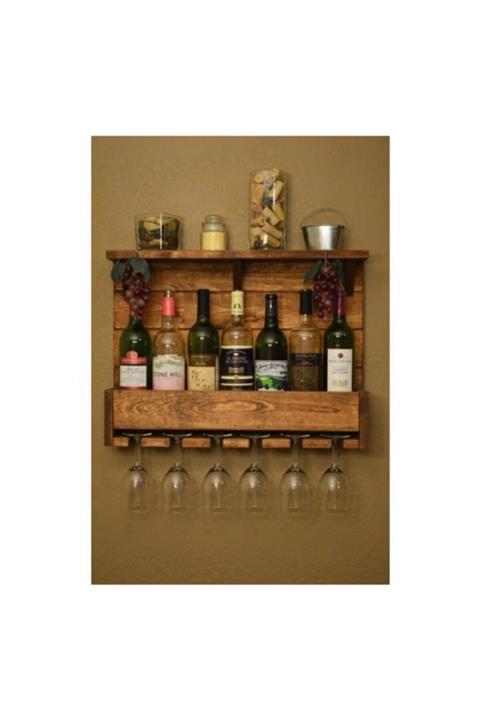 İnce Çizgi Dekoratif Ahşap Raf Şişelik Bardak Askısı 6'lı Model34