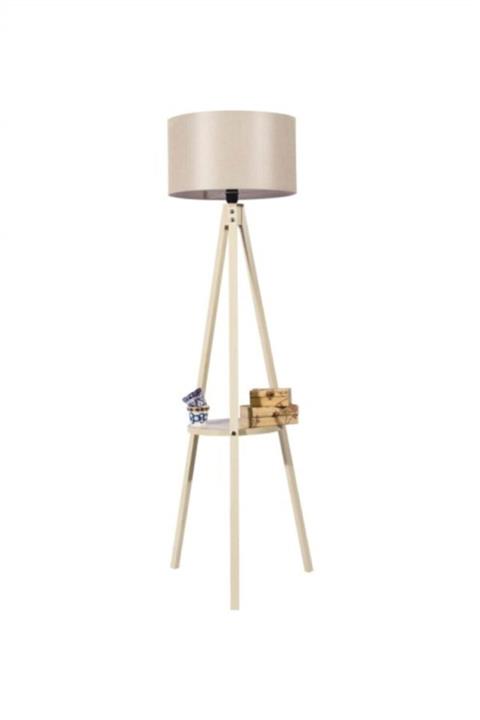 uygunsa Koyu Krem Naturel Ayaklı Sehpalı Köşe Lambası Abajur Lambader