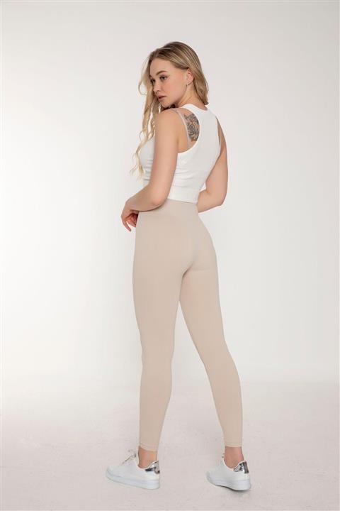 AzraBoutique Bej Fitilli Dikişsiz Yüksek Bel Toparlayıcı Tayt