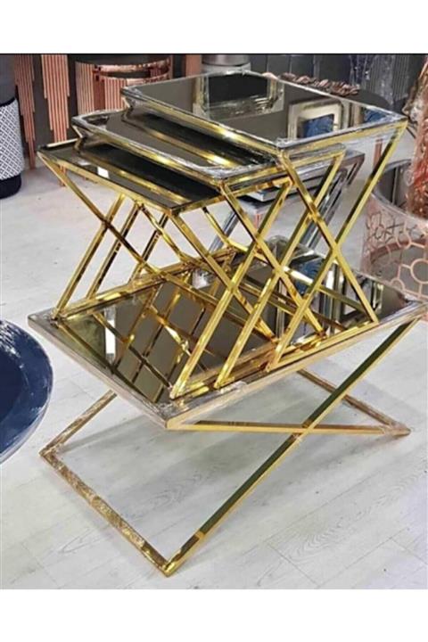 DORA Gold Metal Bronz Aynalı Orta Ve 3 Lü Zigon Sehpa 60x90 Yükseklik 45 Cm