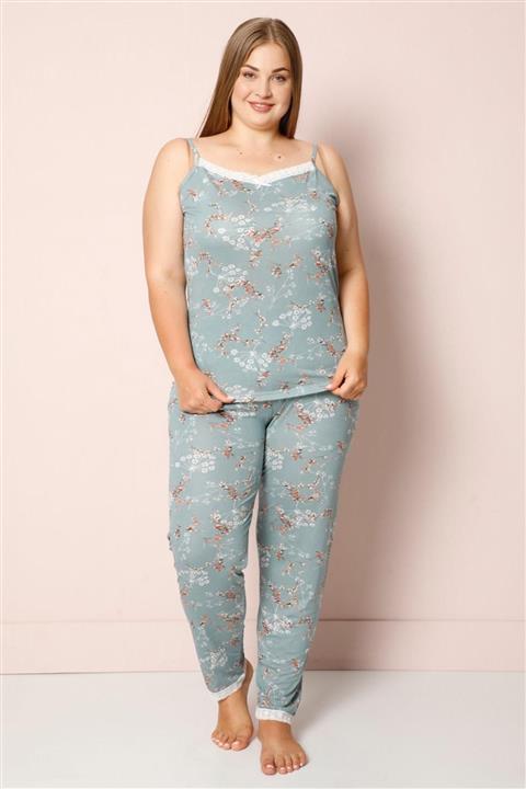 Pijamaevi Yeşil Çiçek Ip Askılı Örme Büyük Beden Battal Pijama Takımı