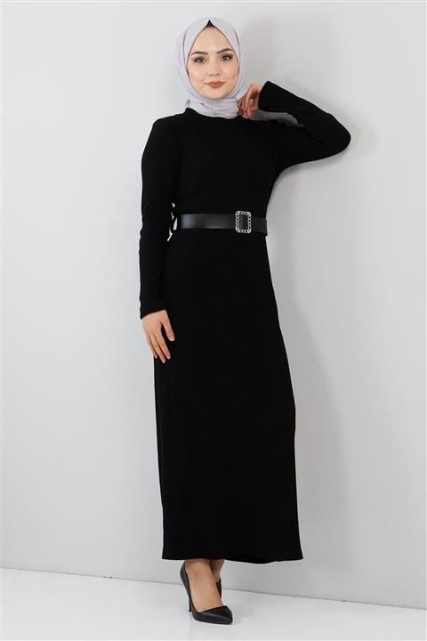 Tesettür Dünyası Kemerli Triko Elbise Tsd211222 Siyah