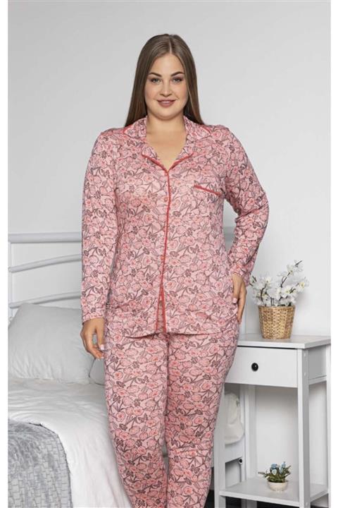 Siyezen Büyük Beden Düğmeli Cepli Maskülen Pembe Pijama Takımı