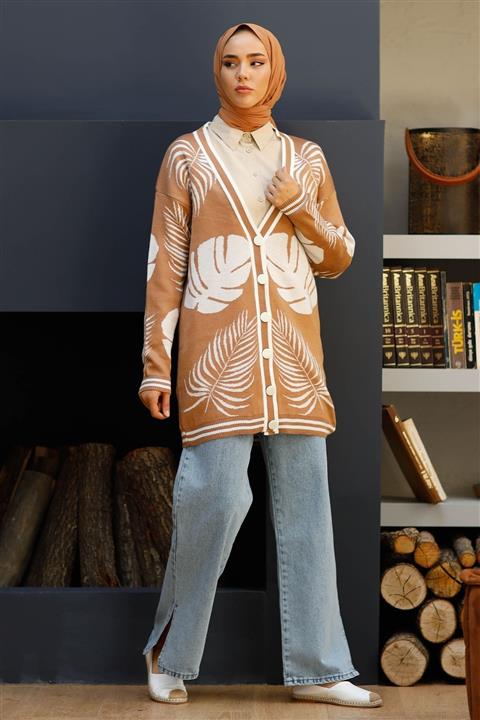 InStyle Palmiye Desen Triko Salaş Hırka - Camel