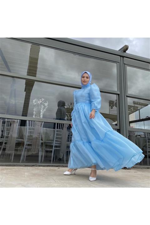 parlaglamour Bebe Mavisi Balon Kol Tüllü Abiye Elbise