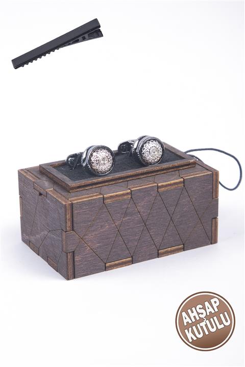 BAYEFENDİ Ahşap Kutulu Gümüş Rengi Taşlı Kol Düğmesi Nkka70