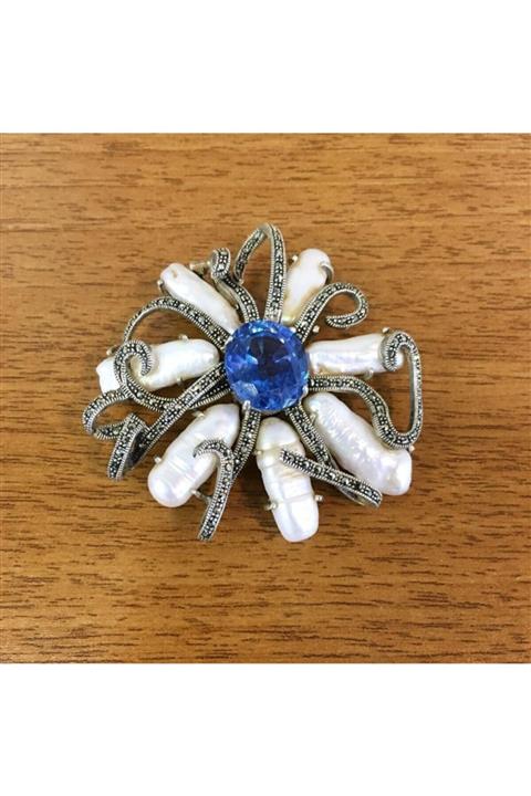 Tmt Silver Gümüş Markazit Sedef Ve Zirkon Taşlı Broş