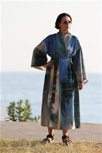 Eight Date E8d8 Green Monet Picture Kuşaklı Oversized Dijital Baskılı Renkli Krep Uzun Kimono Mpkork_01