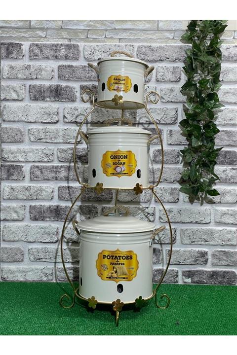 Feronyahome & Garden 3'lü Krem Gold Demonte Patates Soğan Sarımsak Kovası