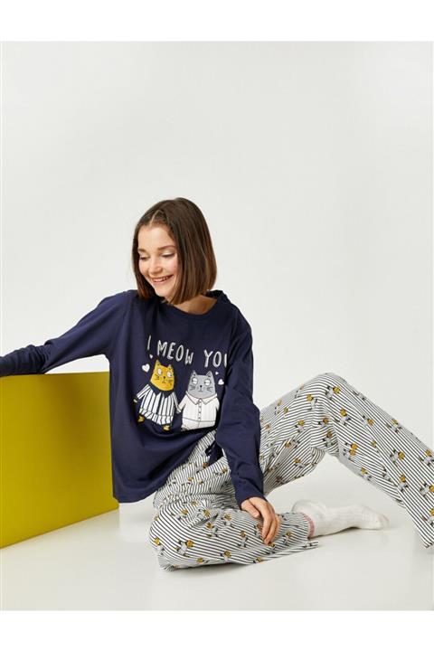 Koton Pamuklu Baskılı Uzun Kollu Pijama Takımı