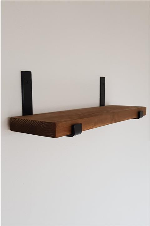 Arzor Home Tek Raf Masif Ahşap Metal Ayak / Destek Aparatlı Dekoratif Duvar Rafı, Kitaplık, Çiçeklik