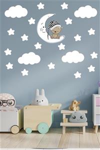 KT Decor Uyuyan Ayıcık Beyaz Yıldızlar Ve Bulutlar Dekoratif Bebek Çocuk Odası Duvar Sticker