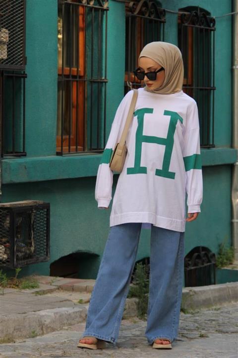 BURCU TESETTÜR H Baskılı Sweat Brs2088 Ekru