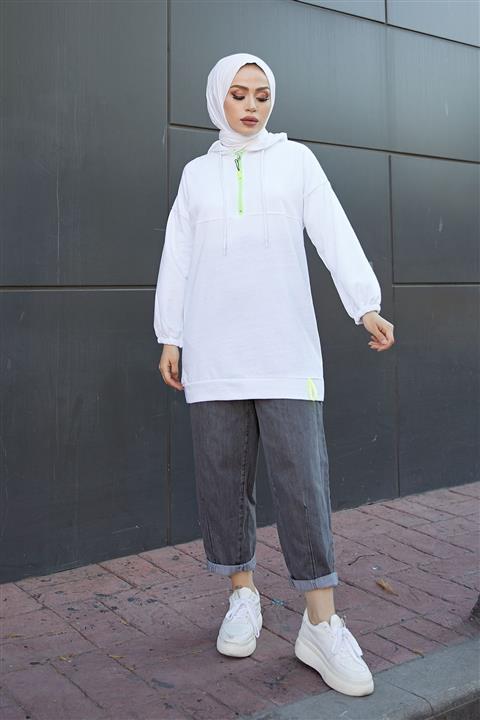 festmoda Neon Fermuarlı Beyaz Tunik