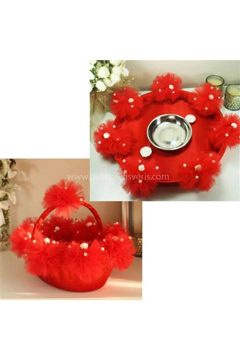 Gelince Alışveriş Kırmızı Ponponlu Kına Tepsi Sepet