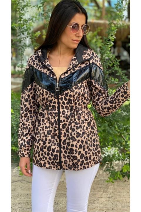 TUĞBALİ Kadın Leopar Deri Detaylı Yağmurluk