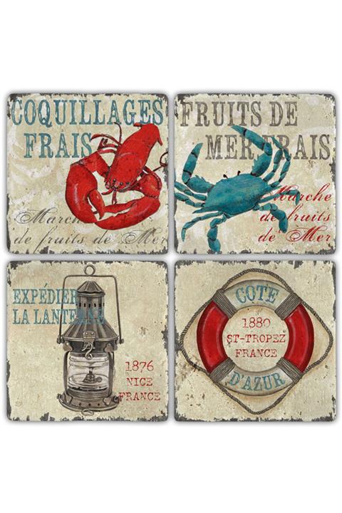 Oscar Stone Decor Taş Bardak Altlığı Marin-deniz - 4 Lü Set(10 CMX10 CM)