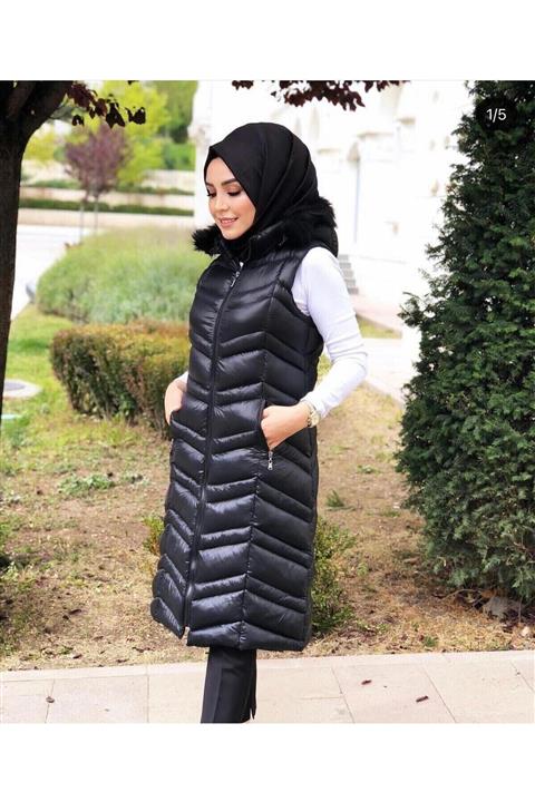 MODATALİKA Kadın Kürklü Kapüşonlu Cepli Uzun Şişme Yelek