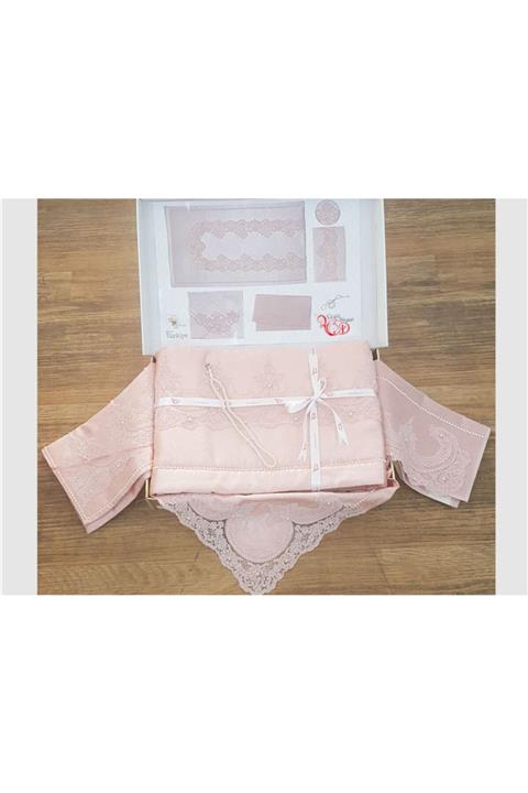 Çeyiz Diyarı Fransız Güpürlü Bohça Seti 5 Parça Pudra