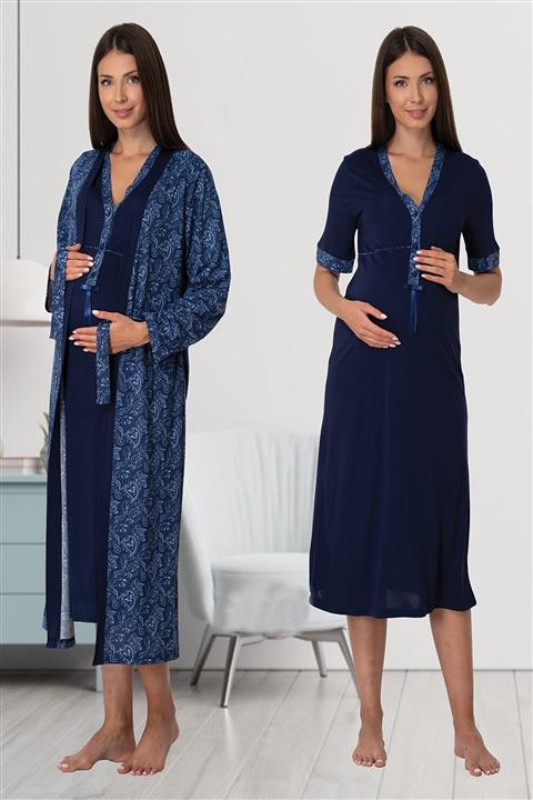 ByLohusa Lacivert Sabahlıklı Lohusa Gecelik Takım 8055