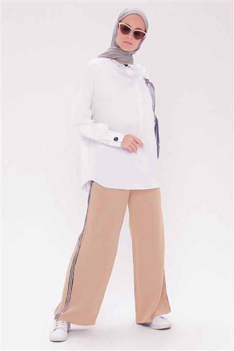 Meys Çizgi Detaylı Pantolon Krem