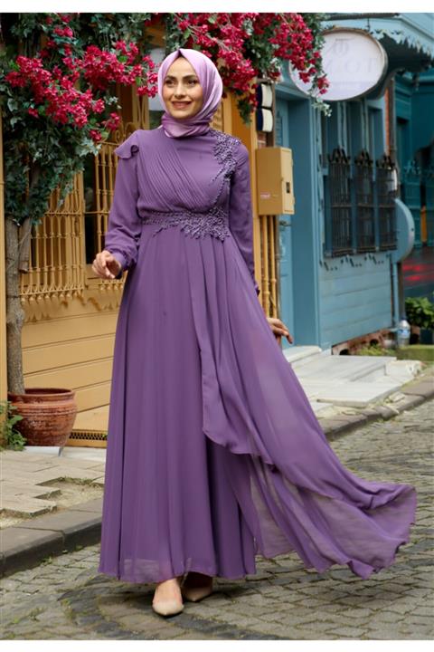 Feiza Collection Inci Detaylı Tesettür Abiye Elbise - Lila