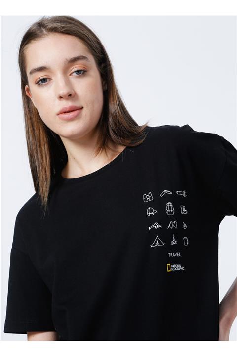 NATIONAL GEOGRAPHIC I-w-neta Bisiklet Yaka Kısa Kollu Geniş Fit Baskılı Siyah Kadın T-shirt