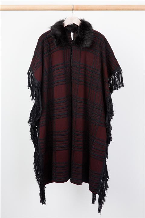 Tığ Triko Kabartma Desenli Püsküllü Panço Mürdüm-siyah