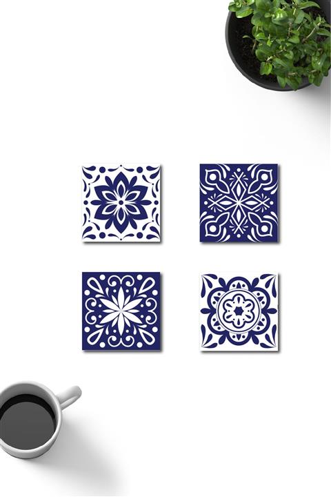 Yamamiya Dekoratif Mavi Mermer Desenli Ahşap Bardak Altlığı 4'lü Set