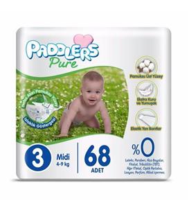 Paddlers Pure Bebek Bezi 3 Numara Midi 68 Adet (4-9 Kg) Jumbo Paket