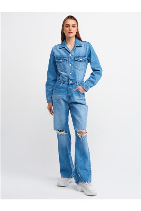 Dilvin 4370 Kadın Lazerli Uzun Kol Tulum-mavi