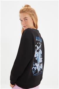 TRENDYOLMİLLA Siyah Sırt Baskı Detaylı Örme Şardonlu Sweatshirt TWOAW22SW1589