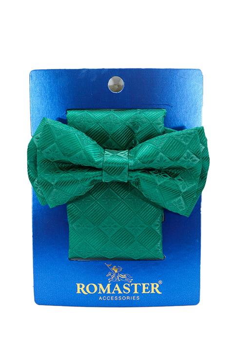 ROMASTER Yeşil Renk Kare Desenli Mendilli Papyon