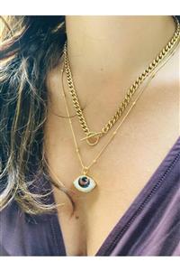 floom jewelry Kahverengi Porselen Göz Detaylı Çift Sıra Çelik Zincir Kolye
