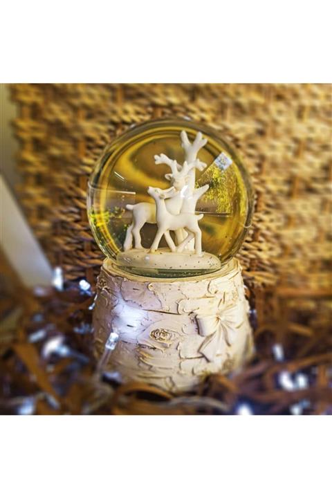 1001Hediye Beyaz Işıklı Müzikli Geyikli Kar Küresi