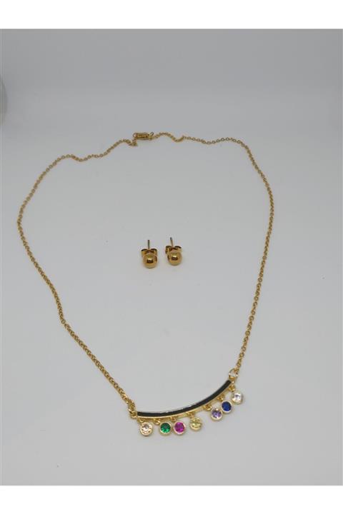 Romeo accessories Renkli Taşlı Çelik Kolye Küpe Seti