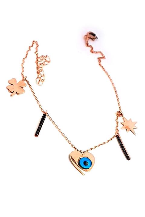 OSESHOP Nazar Boncuklu Kalp Figürlü 925 Ayar Gümüş Rose Halhal