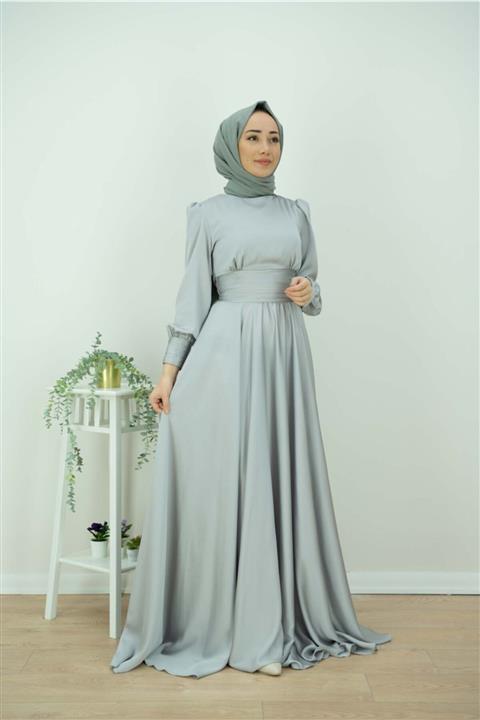 KAMİL KESKİN Kadın Gri Bel Drapeli Saten Abiye