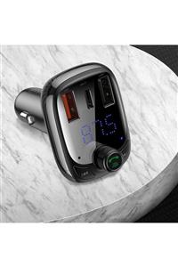 Baseus T Typed S-13 Bluetooth Fm Transmitter 36w Qc 4.0 Dual Usb & Type-c Araç Şarj Cihazı Siyah