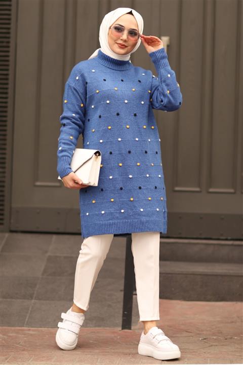 Moda Sahra Renkli Noktalı Tesettür Kazak Mavi