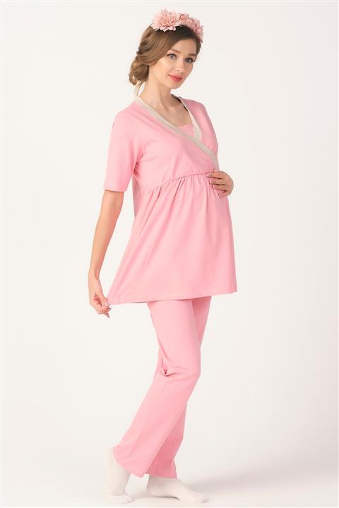 PrettyChic Kadın Pudra Pembe Hamile ve Lohusa Gizli Emzirme Özellikli Likralı Süprem Pijama Takımı