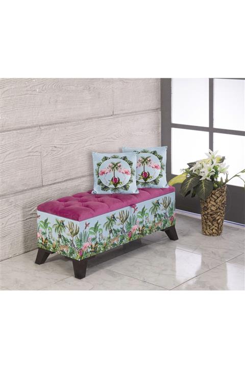 Armi Puf Kapitoneli Tropik Desenli Sandıklı Puf+2 Kırlent