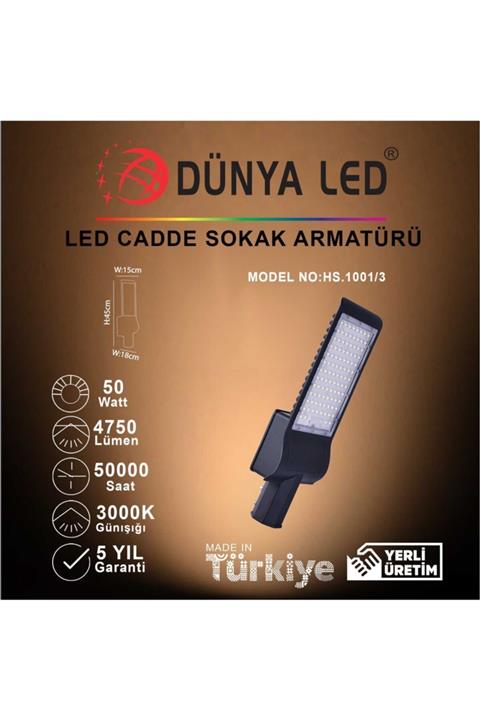 DÜNYA LED Hs.1001/3 Cadde 50w Led Cadde Sokak Armatürü 3000k Günışığı