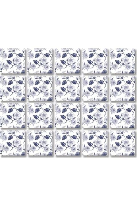 TİNK Mavi Çiçek Metraj Desenli Pvc Karo 10x10 Cm 20'li Paket