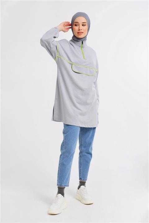 Nefise Neon Şeritli Yarım Fermuarlı Penye Tunik