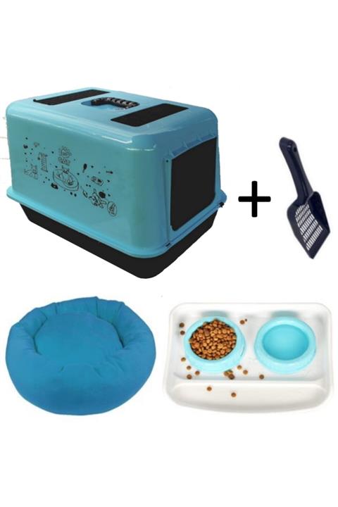 OPTİMAL Xxl Lüx Mavi Kedi Tuvaleti Mavi Yatak Ve Mama Seti